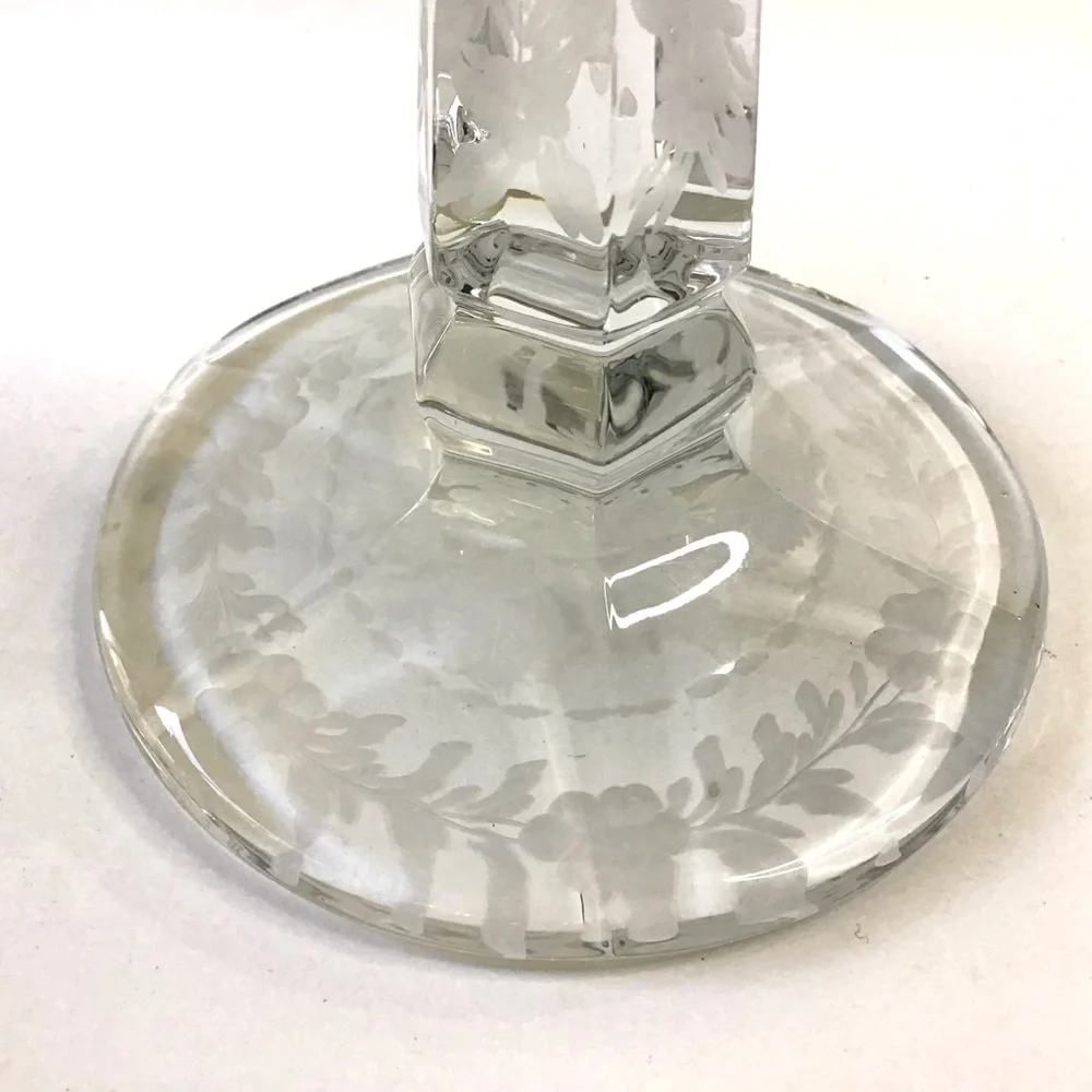 Vintage HEISEY Crystal Glass Candle Holder Elegant Etched Flowers & Leaves 7.75”